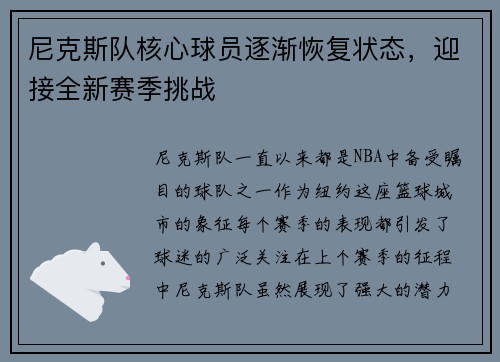 尼克斯队核心球员逐渐恢复状态，迎接全新赛季挑战