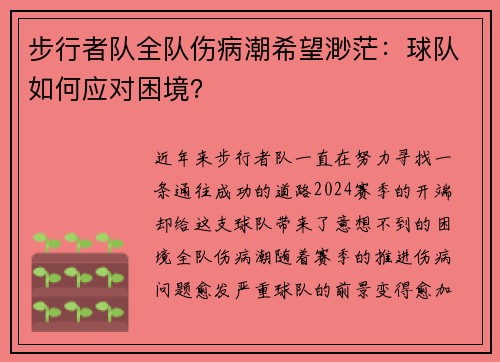 步行者队全队伤病潮希望渺茫：球队如何应对困境？